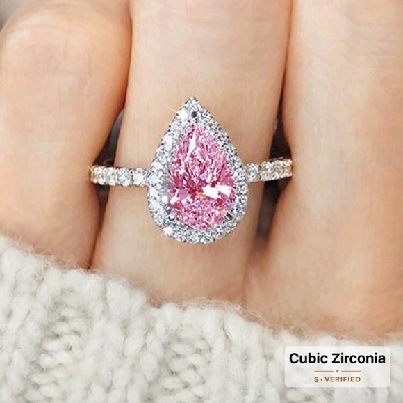 925 Sterling Silver Pear Cut Cubic Zirconia Pink Teardrop Ring Sz 7 - Picture 4 of 7